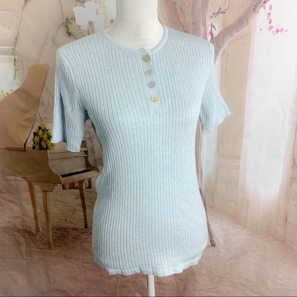 Women's Light Blue Ribbed Button-Down Top 100% Pima Cotton